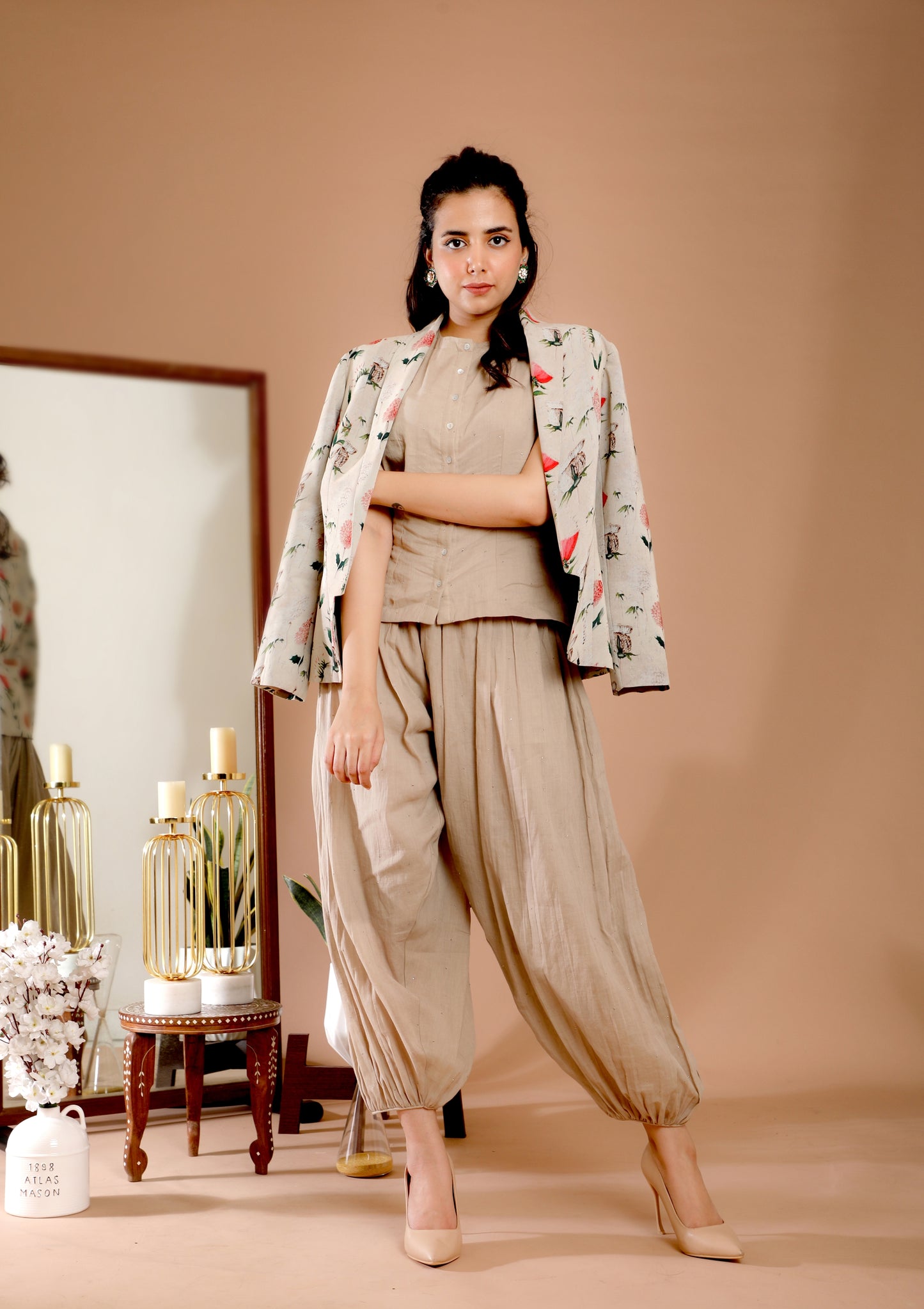 Printed Jacket & Cowl Dhoti Set - Omana by Ranjana Bothra - Pret Collection