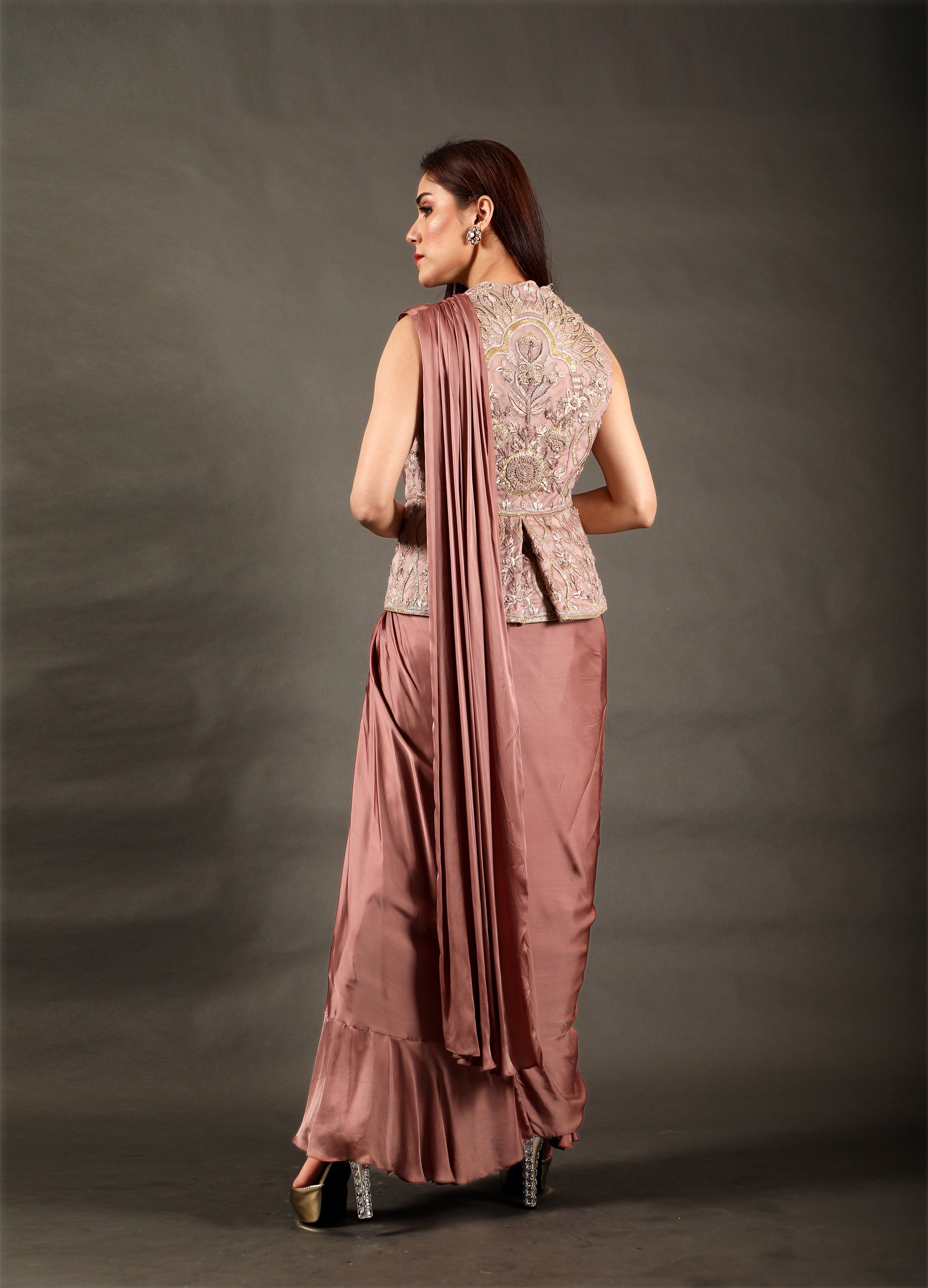 Peach Jacket with Dhoti skirt – Estie Couture