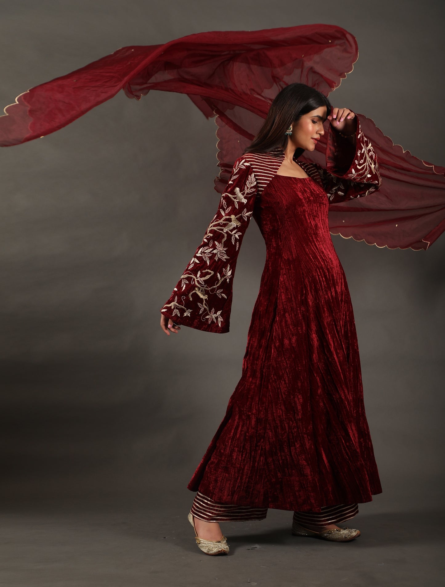 Burgundy Bella Sleeve Velvet Anarkali Set