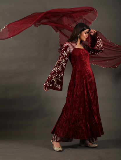 Burgundy Bella Sleeve Velvet Anarkali Set