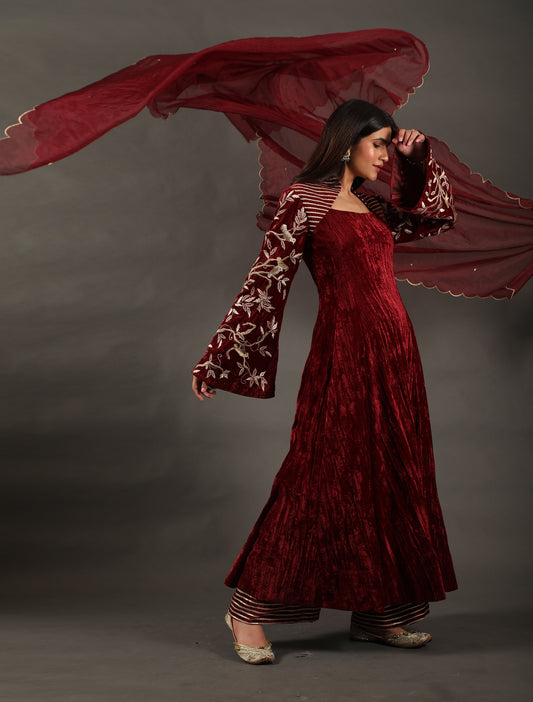 Burgundy Bella Sleeve Velvet Anarkali Set