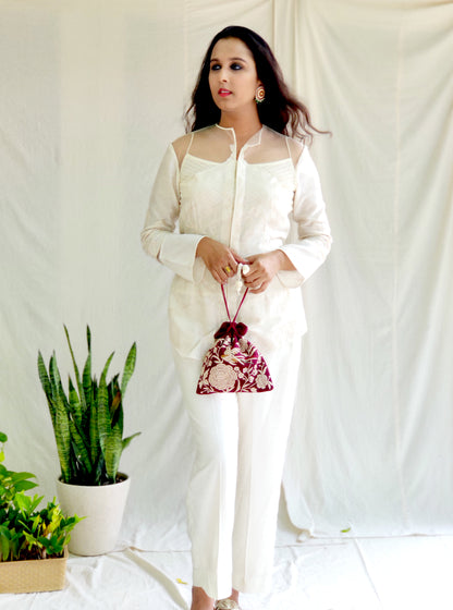 White Floral Emb Jacket Set