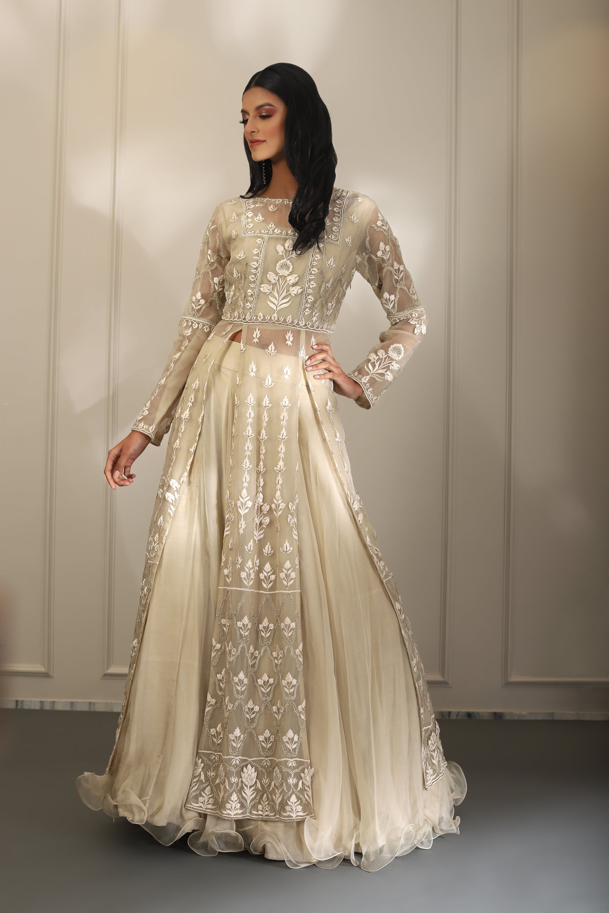Cream Stone, Mirror and Embroidery work Long Overcoat Styled Crop Top –  Seasons Chennai