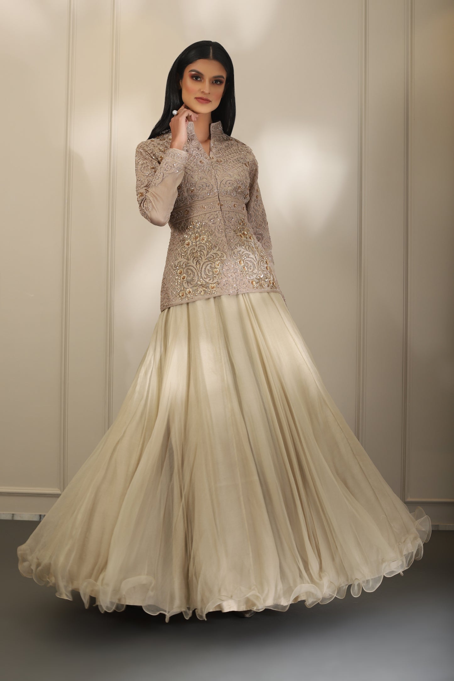 Beige Beads Jacket Lehenga Set