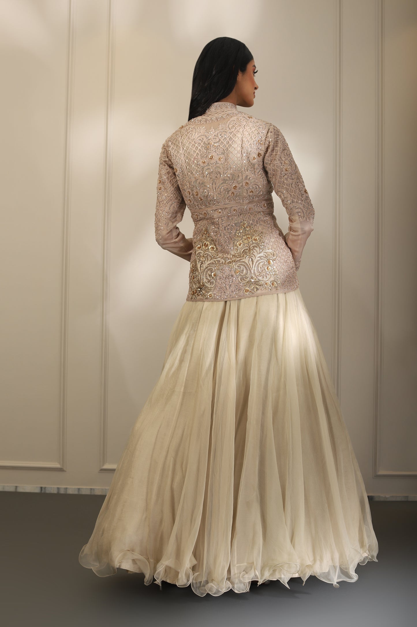 Beige Beads Jacket Lehenga Set