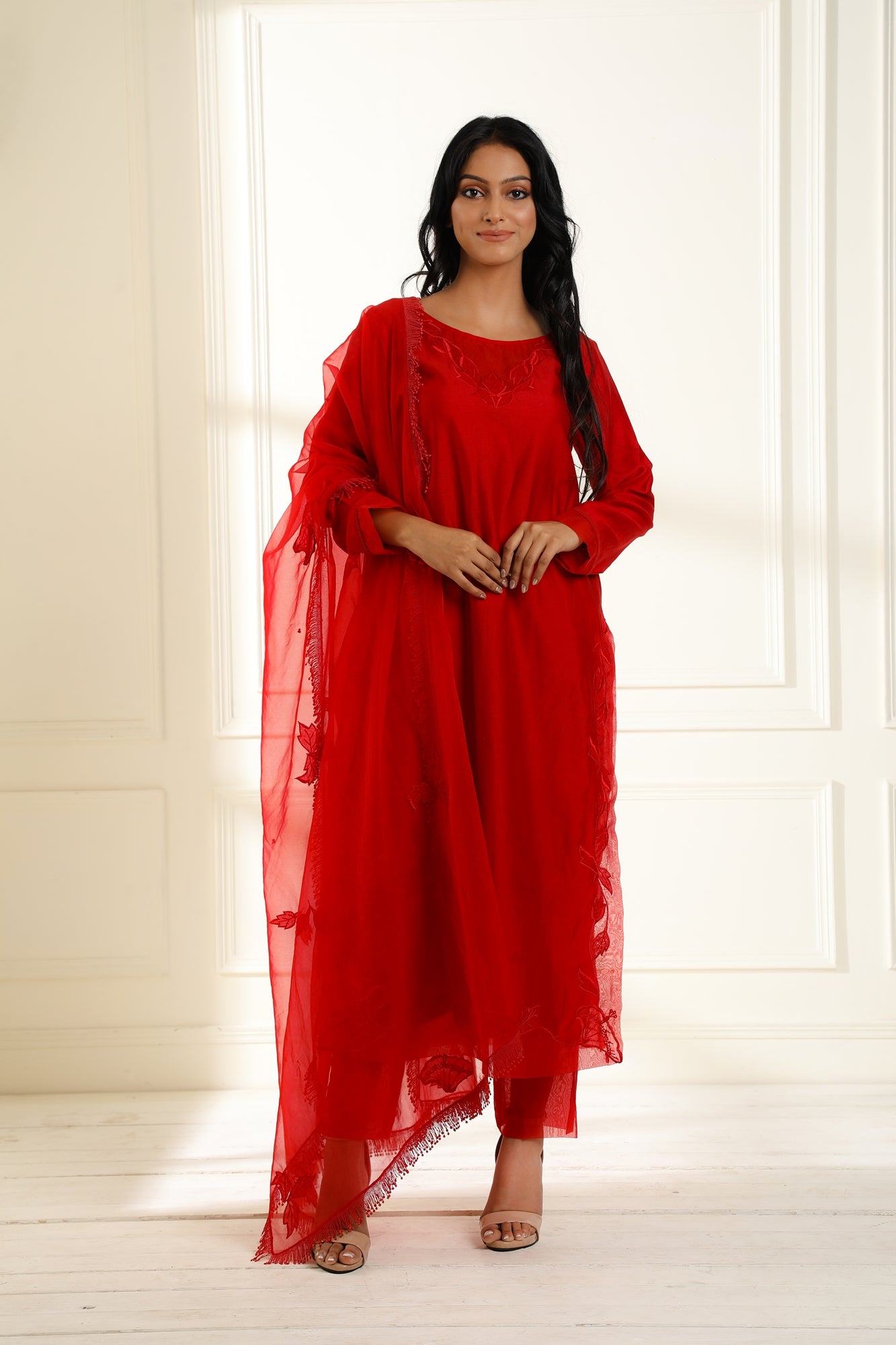 Red Farah Applique Suit Set