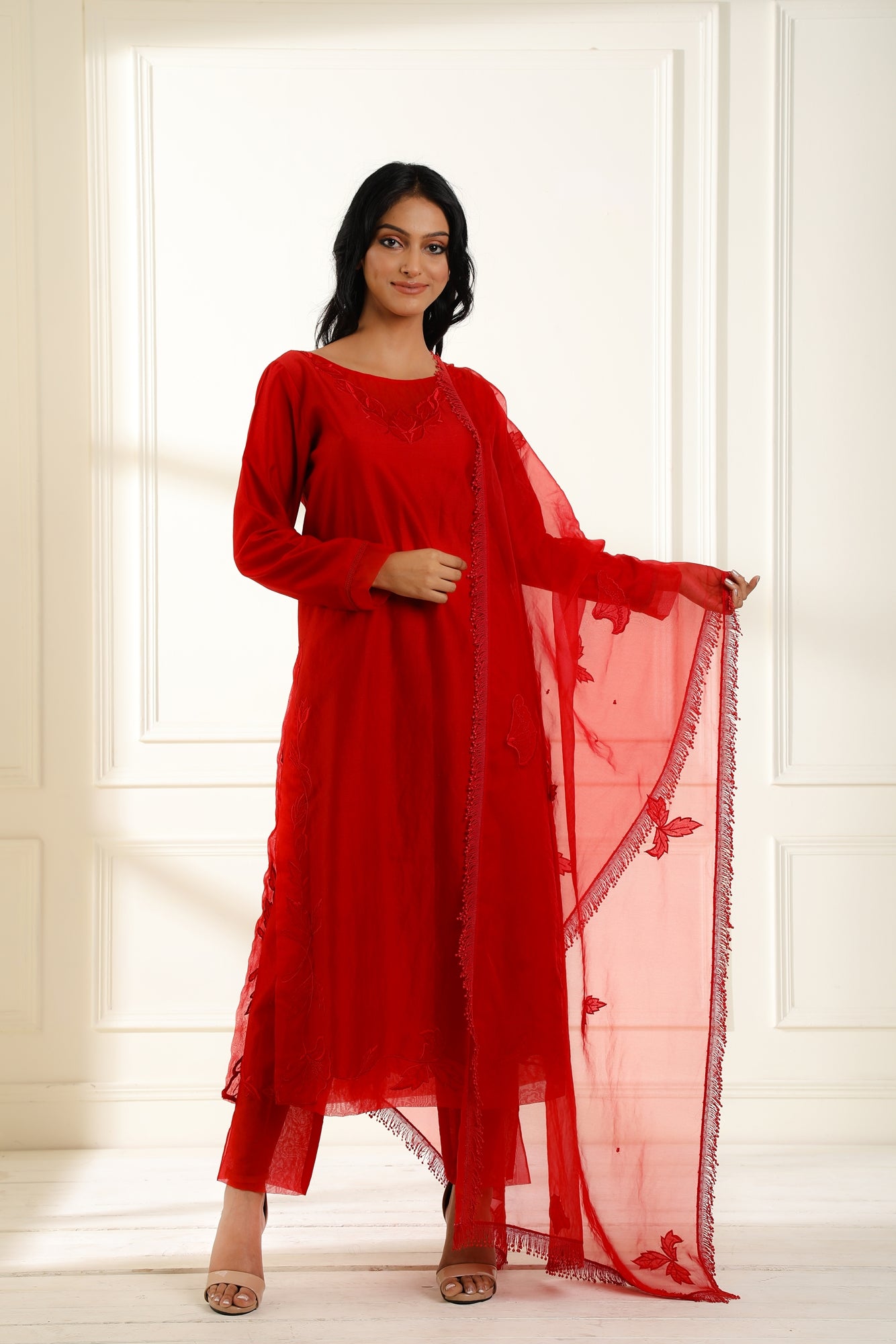 Red Farah Applique Suit Set